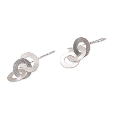 Sterling silver dangle earrings, 'Circular Reference' - Linked Circle Dangle Earrings in Brushed Sterling Silver