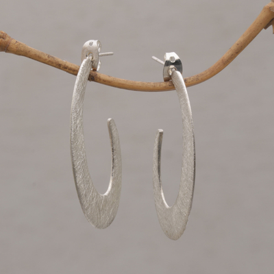 Sterling silver half-hoop earrings, 'Elliptical Orbit' - Brushed Sterling Silver Half Hoop Post Earrings