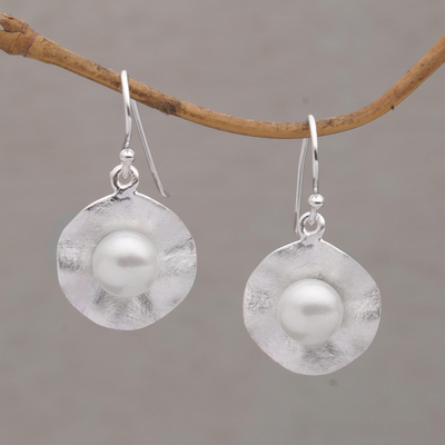 Cultured pearl dangle earrings, 'Lily Pad Glow' - Cultured Pearl and Brushed Sterling Silver Earrings