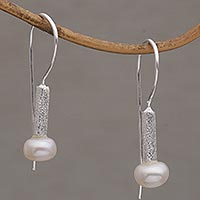 Contemporary Drop Earrings with White Cultured Pearls,'Subtle Finesse'