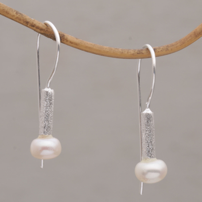 Cultured pearl drop earrings, 'Subtle Finesse' - Contemporary Drop Earrings with White Cultured Pearls