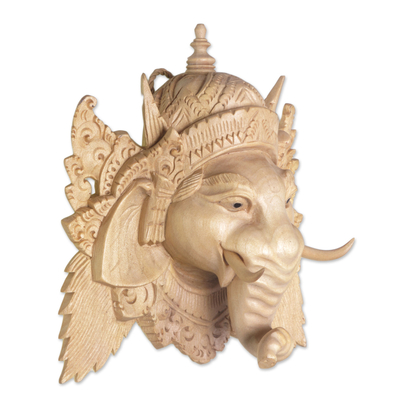 Wood mask, 'Pale Ganesha' - Hand Carved Balinese Crocodile Wood Ganesha Mask