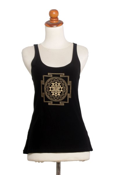 Rayon blend tank top, 'Soul Chakra in Black' - Black Rayon Blend Beige Medallion Sleeveless Tank Top