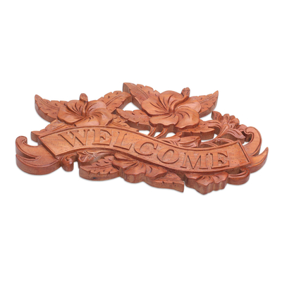 Wood wall sign, 'Hibiscus Welcome' - Hand Carved Suar Wood Welcome Sign from Bali