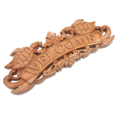 Wood wall sign, 'Turtle Welcome' - Hand Carved Turtle Wood Welcome Sign from Bali