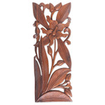 Wood relief panel, 'Orchid Charm' - Hand Carved Balinese Wood Orchid Wall Relief Panel