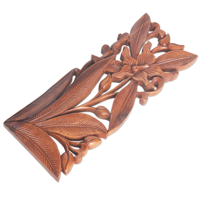 Wood relief panel, 'Orchid Charm' - Hand Carved Balinese Wood Orchid Wall Relief Panel