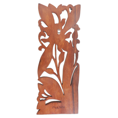 Reliefplatte aus Holz - Handgeschnitzte Wandreliefplatte mit Orchideen aus balinesischem Holz