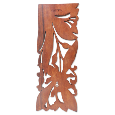 Wood relief panel, 'Orchid Charm' - Hand Carved Balinese Wood Orchid Wall Relief Panel