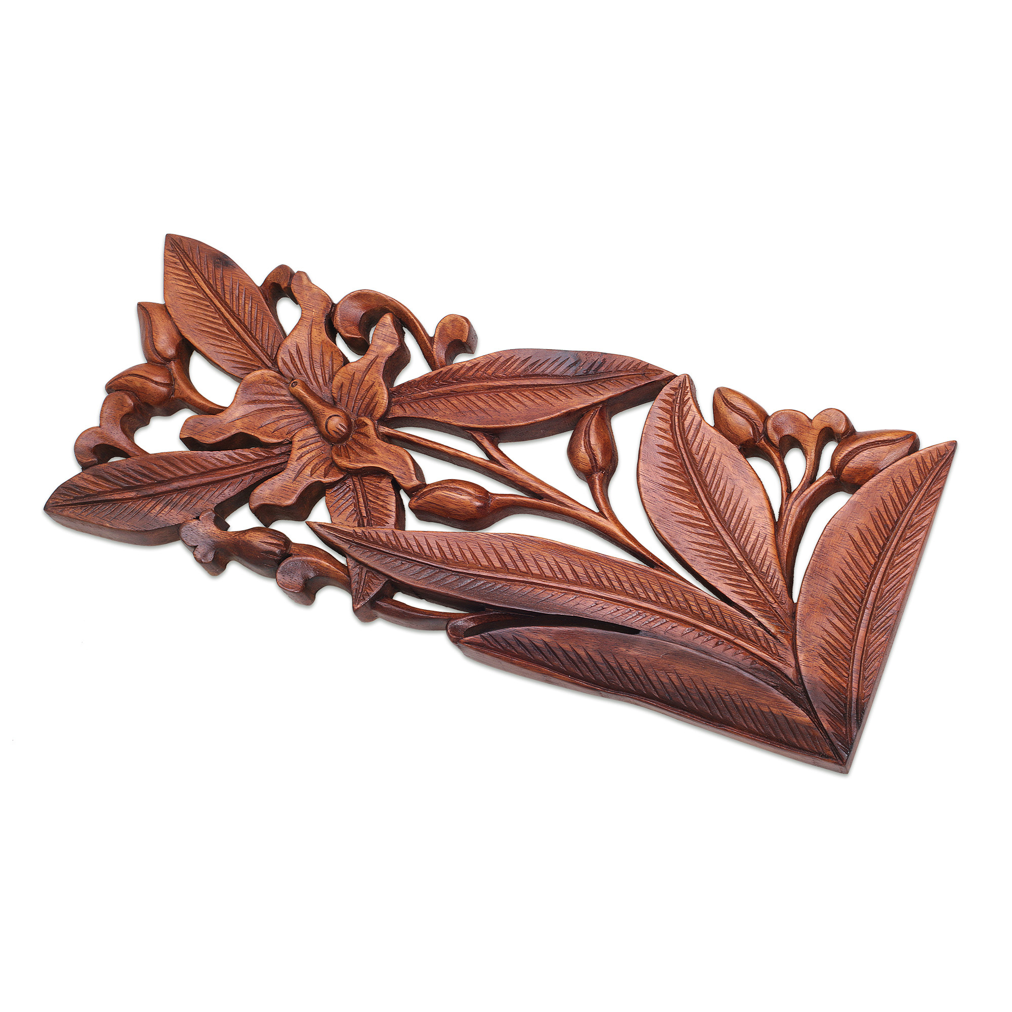 Hand Carved Balinese Wood Orchid Wall Relief Panel Orchid Charm Novica