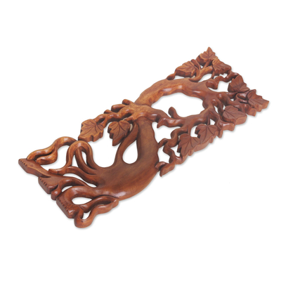 Wood relief panel, 'Sprouting Tree' - Hand-Carved Decorative Tree Wooden Panel