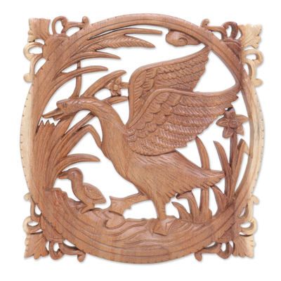 Wood relief panel, 'Mother Goose' - Handmade Wood Wall Relief Panel with Goose Motif from Bali