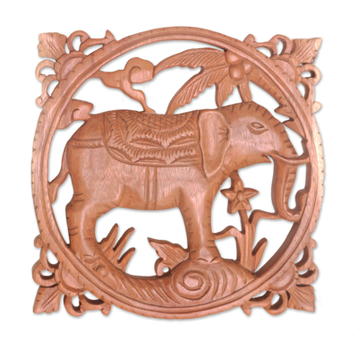 Wood relief panel, 'Noble Elephant' - Handmade Elephant Wood Wall Relief Panel from Bali