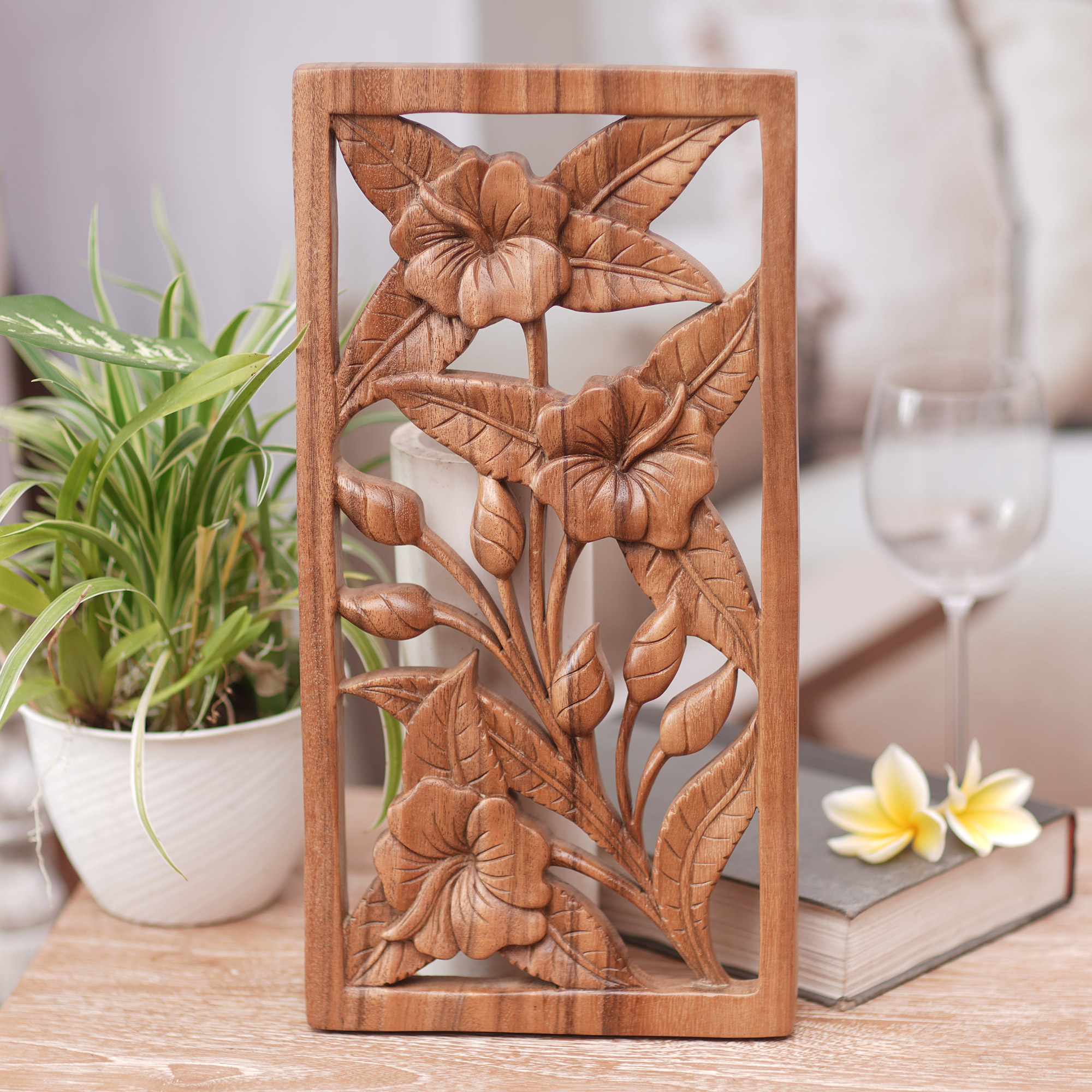 Hand Carved Hibiscus Flower Wood Wall Relief Panel from Bali Hibiscus  Bloom NOVICA
