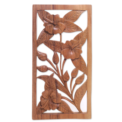 Wood relief panel, 'Hibiscus Bloom' - Hand Carved Hibiscus Flower Wood Wall Relief Panel from Bali