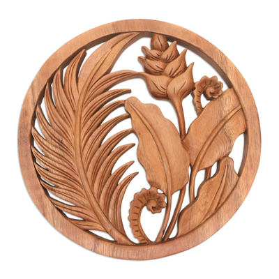 Wood relief panel, 'Heliconia' - Hand Carved Round Wood Wall Relief with Heliconia Flower