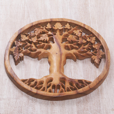 Wood relief panel, 'Roots of Life' - Balinese Hand Carved Wood Wall Relief Panel with Tree Motif