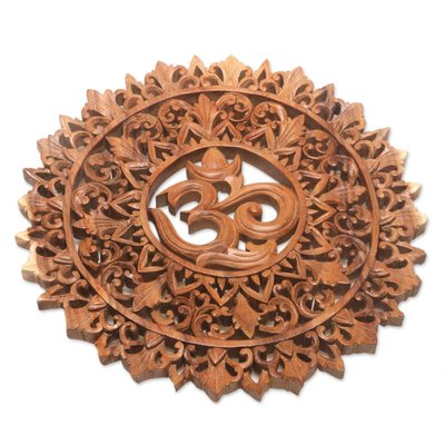 Wood relief panel, 'Florid Om' - Om Symbol Carved Wood Wall Relief Panel from Bali