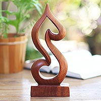 Wood sculpture, 'Shy Heart' - Handmade Suar Wood Abstract Heart Tabletop Sculpture