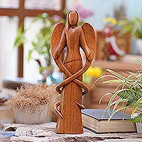 Estatuilla de madera, 'Ángel Madre' - Estatuilla de ángel de madera de suar balinesa tallada a mano