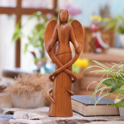 Wood statuette, 'Mother Angel' - Hand Carved Balinese Suar Wood Angel Statuette