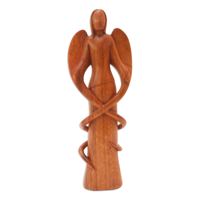 Wood statuette, 'Mother Angel' - Hand Carved Balinese Suar Wood Angel Statuette
