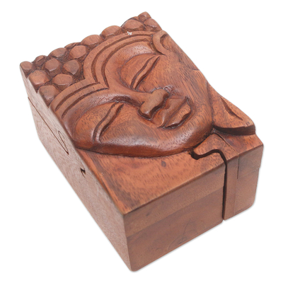 Wood puzzle box, 'Glory of Buddha' - Hand Carved Buddha Motif Puzzle Box from Bali