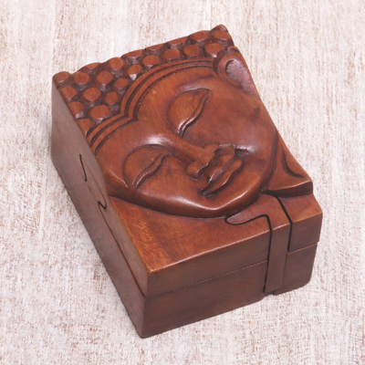 Caja de rompecabezas de madera, 'Gloria de Buda' - Caja de rompecabezas tallada a mano con motivo de Buda de Bali