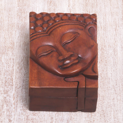 Caja de rompecabezas de madera, 'Gloria de Buda' - Caja de rompecabezas tallada a mano con motivo de Buda de Bali