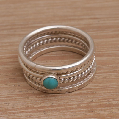 Sterling silver stacking rings, 'Alignment' (set of 5) - Handmade 925 Sterling Silver Turquoise Stacking Ring