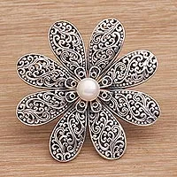 Cultured pearl brooch, 'Starlight Flower' - Handmade 925 Sterling Silver Cultured Pearl Floral Brooch