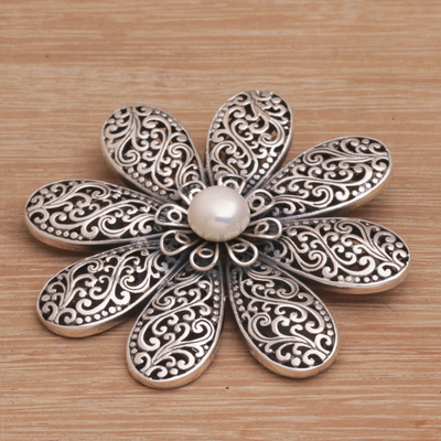 broche de perlas cultivadas - Broche floral hecho a mano en plata de ley 925 con perlas cultivadas