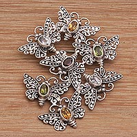 Multi-gemstone brooch pin, 'Butterfly Swarm' - Handmade Cast 925 Sterling Silver Butterfly Brooch Pin