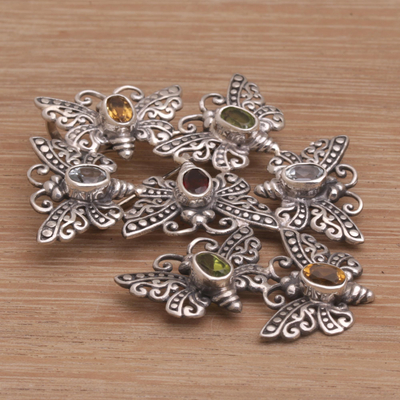 Multi-gemstone brooch pin, 'Butterfly Swarm' - Handmade Cast 925 Sterling Silver Butterfly Brooch Pin