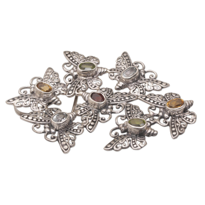 Broche con Múltiples piedras preciosas - Broche de mariposa de plata de ley 925 fundido a mano