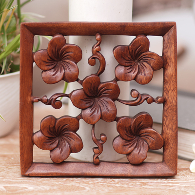 Hand Carved Round Plumeria Floral Bloom Teak Wood Wall Art 8 Inches