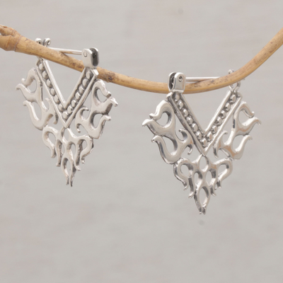 Sterling silver hoop earrings, 'Tribal Fire' - Tribal Style Sterling Silver Hoop Earrings from Bali