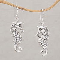 Seahorse Motif Dangle Earrings in Sterling Silver,'Friendly Seahorse'