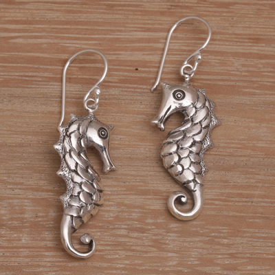Sterling silver dangle earrings, 'Friendly Seahorse' - Seahorse Motif Dangle Earrings in Sterling Silver