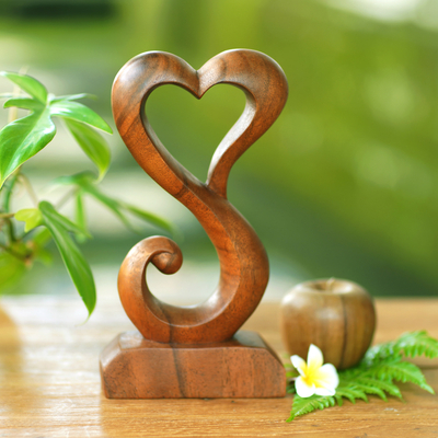 Wood statuette, 'Tangled Love' - Hand Crafted Suar Wood Open Heart Statuette Home Decor
