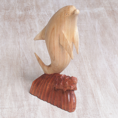 Wood sculpture, 'Dolphin Hop' - Hand Carved Suar Wood Dolphin Sculpture from Bali