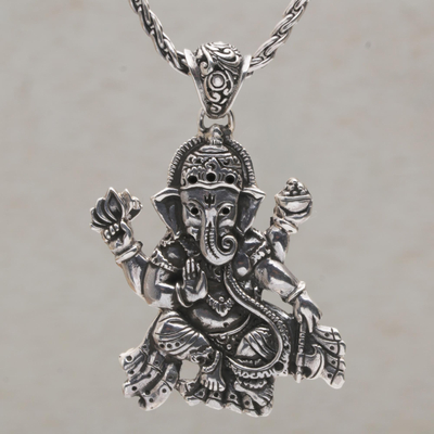 Sterling silver pendant necklace, 'Ganesha Semedi' - Large Ganesha Pendant Necklace on Braided Link Chain