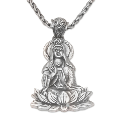 Sterling silver pendant necklace, 'Kwan Im Semedi' - Sterling Silver Pendant Necklace of Goddess Kwan Im