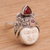 Garnet cocktail ring, 'White Knight' - Carved Bone and Sterling Silver Ring with Garnet Accents (image 2b) thumbail