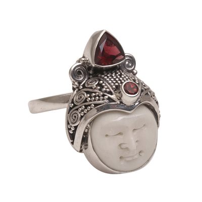 Garnet cocktail ring, 'White Knight' - Carved Bone and Sterling Silver Ring with Garnet Accents