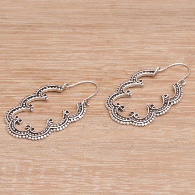 Sterling silver hoop earrings, 'Breadfruit Leaves' - Balinese Leaf Motif Sterling Silver Hoop Earrings