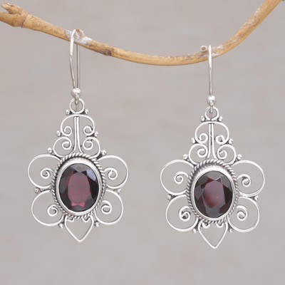 Garnet dangle earrings, 'Flowering Maiden' - Indonesian Garnet and Sterling Silver Dangle Earrings