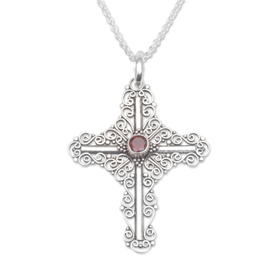 Garnet pendant necklace, 'Jawan Cross' - Balinese Garnet and Sterling Silver Cross Pendant Necklace