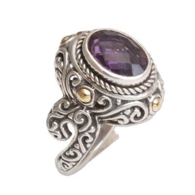 Gold accented amethyst cocktail ring, 'Peaceful Amethyst' - Handmade 925 Sterling Silver Gold Plated Amethyst Ring
