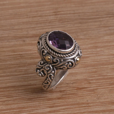 Gold accented amethyst cocktail ring, 'Peaceful Amethyst' - Handmade 925 Sterling Silver Gold Plated Amethyst Ring